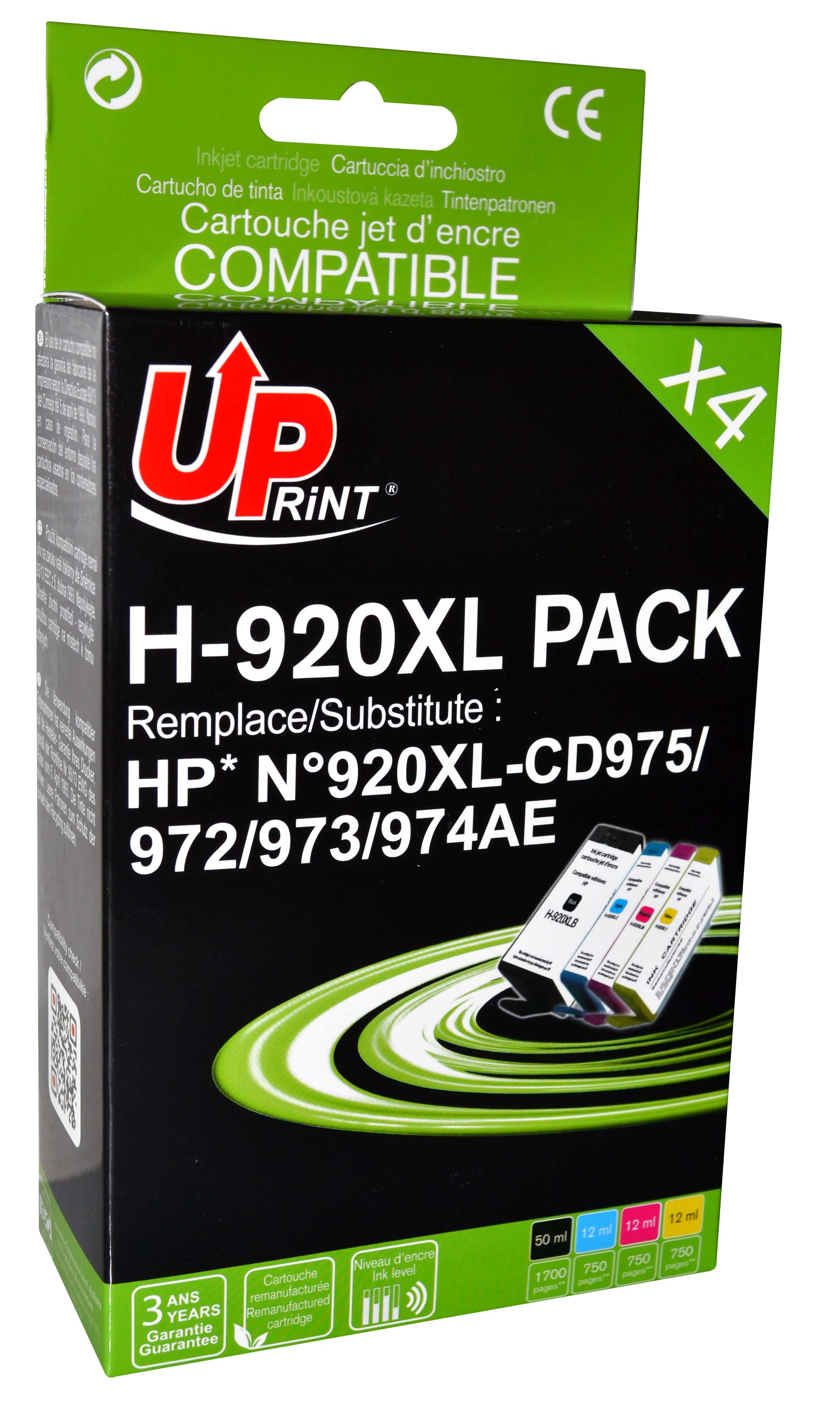 Uprint PACK 4 cartouches remanufacturéeS HP 920XL remplace CD975/972/973/974 N/C/M/J