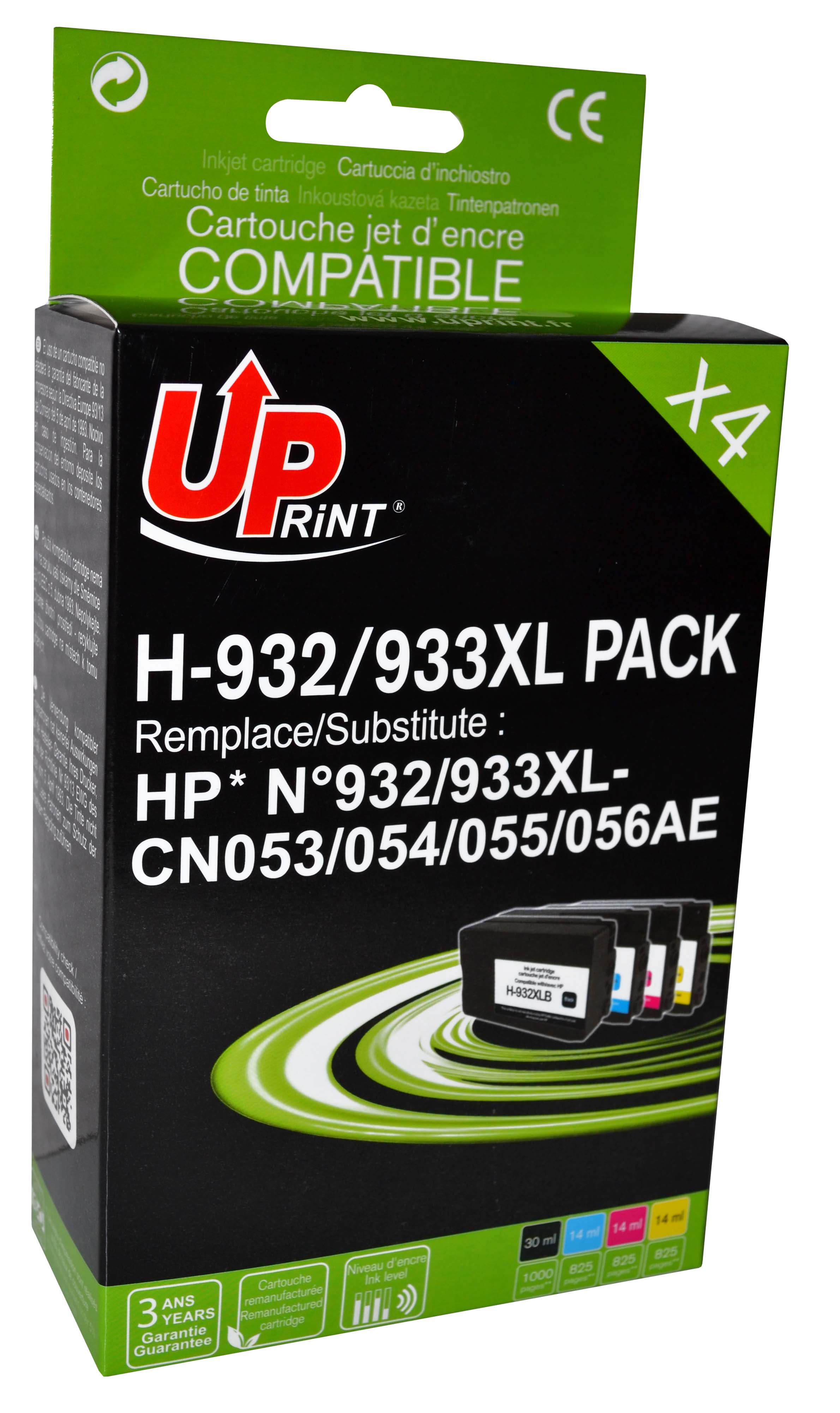 Uprint PACK 4 cartouches remanufacturéeS HP 932/933XL remplace CN053/54/55/56 N/C/M/J