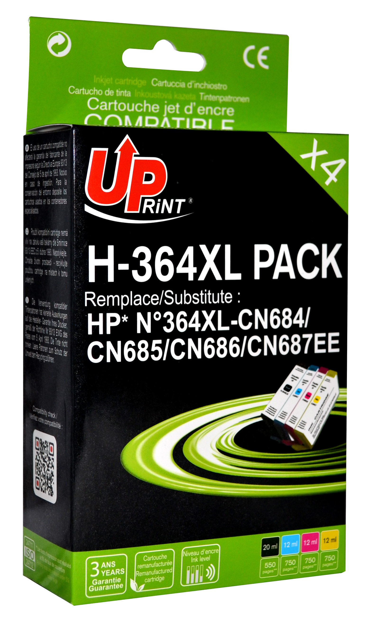 Uprint PACK 4 cartouches remanufacturéeS HP 364XL remplace CN684/CN318/CN319/CN320 N/C/M/J
