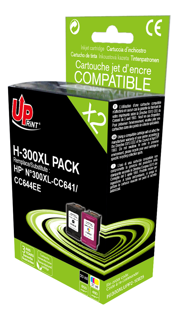 Uprint PACK 2 cartouches remanufacturéeS HP 300XL remplace CC641EE/CC644EE N/CL