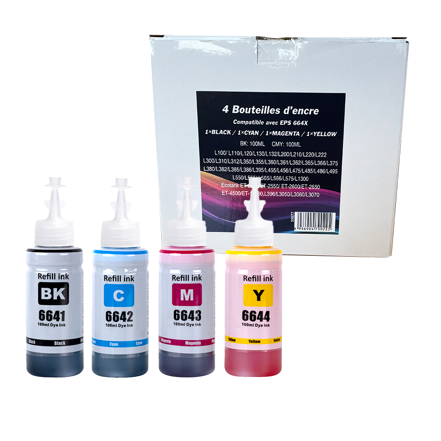 Recharges COMPATIBLES pour ECOTANK E-664 - Kit de 4 bouteilles BK/C/M/Y remplace C13T664640