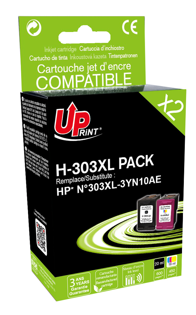 Uprint PACK 2 cartouches remanufacturéeS HP 303XL remplace 3YN10AE N/CL
