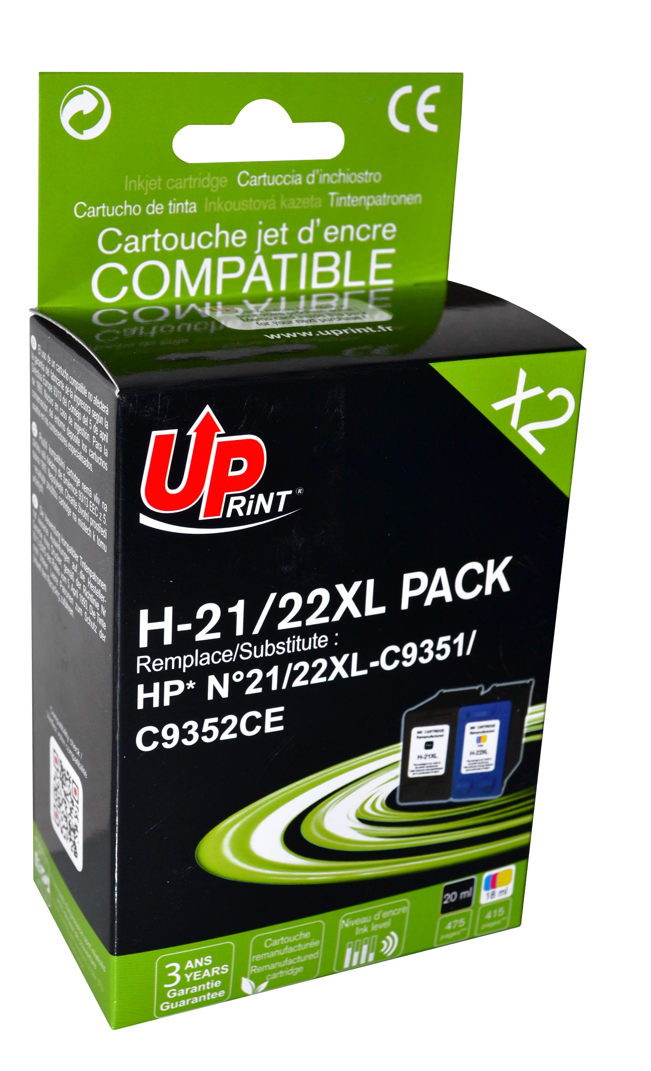 Uprint PACK 2 cartouches remanufacturéeS HP 21/22XL remplace C9351AE/C9352 N/CL