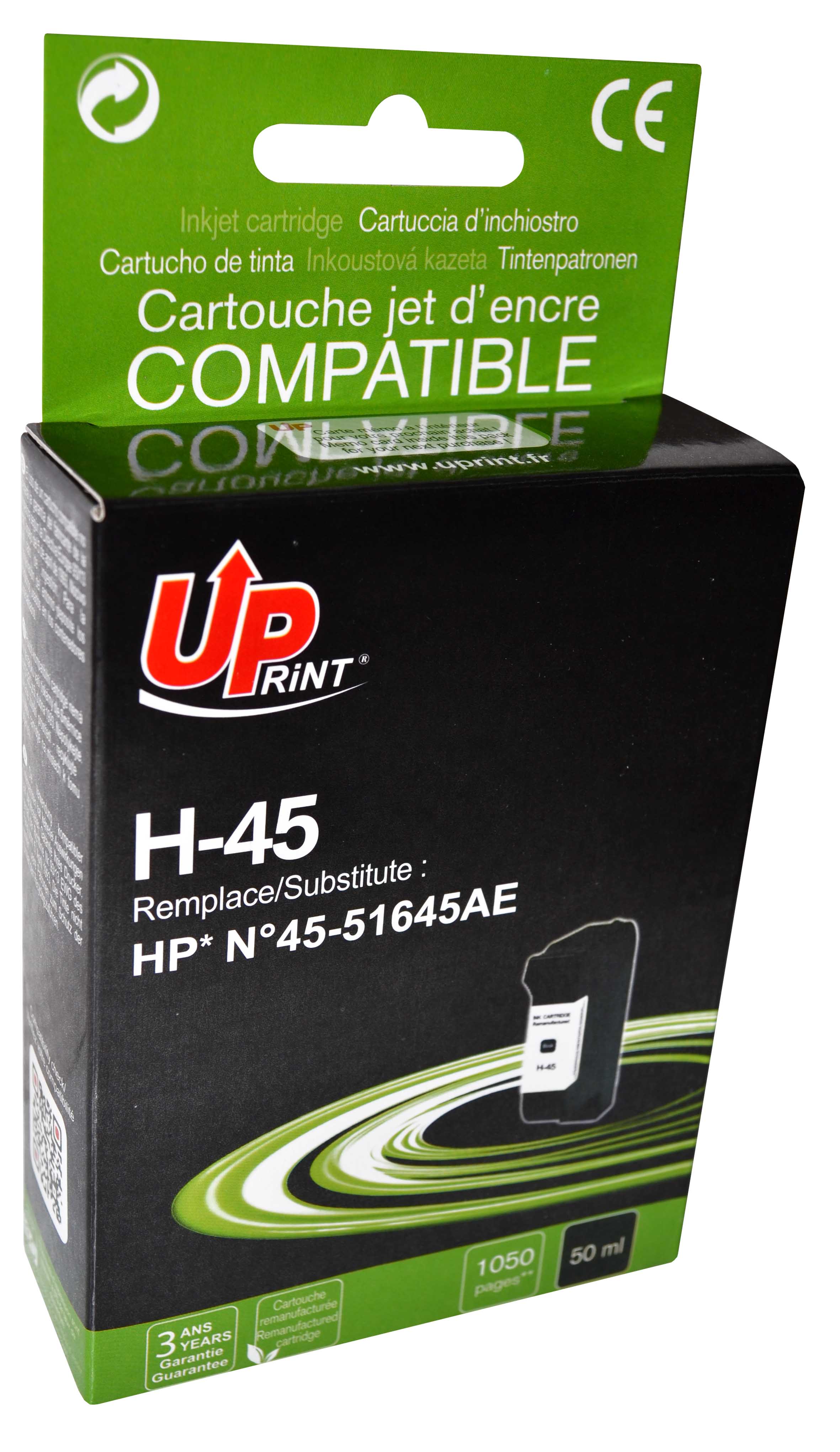 Uprint cartouche remanufacturée HP N°45 sans niveau encre remplace 51645A Noir