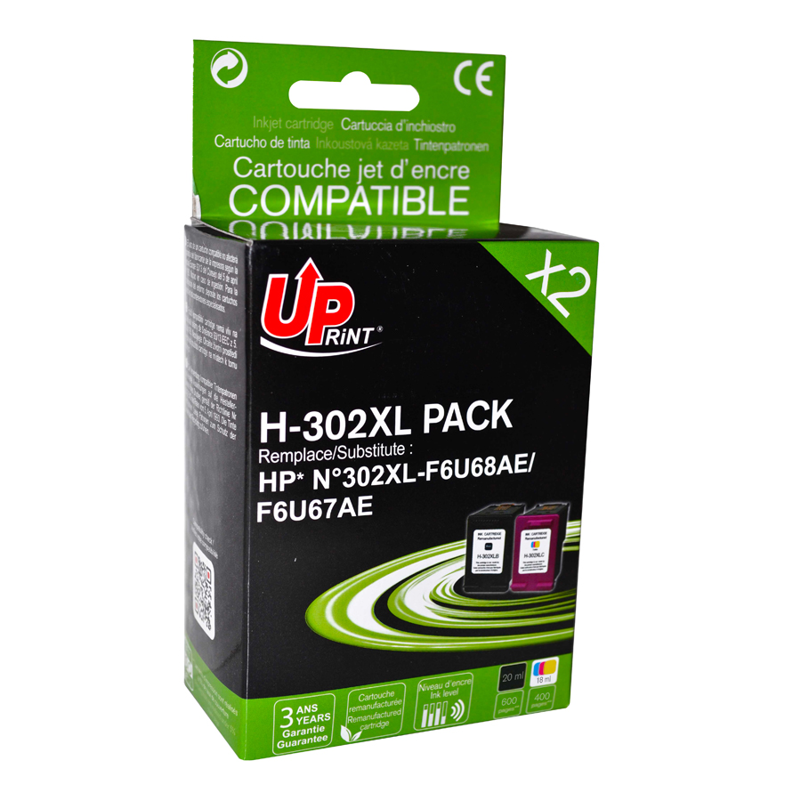 Uprint PACK 2 cartouches remanufacturéeS HP 302XL remplace X4D37AE N/CL