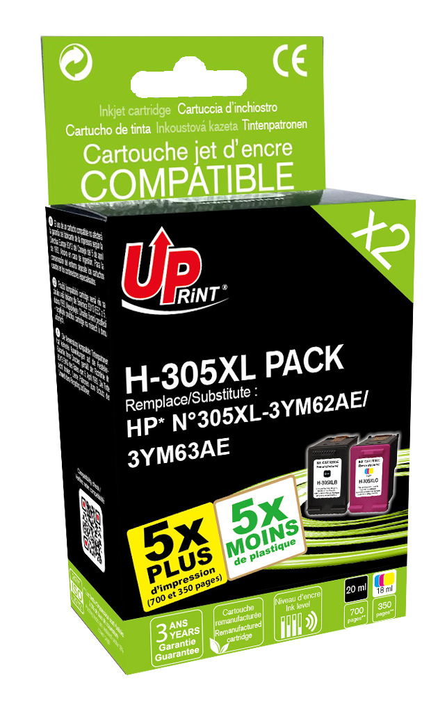 Uprint PACK 2 cartouches remanufacturéeS HP 305XL remplace 6ZA94AE N/CL