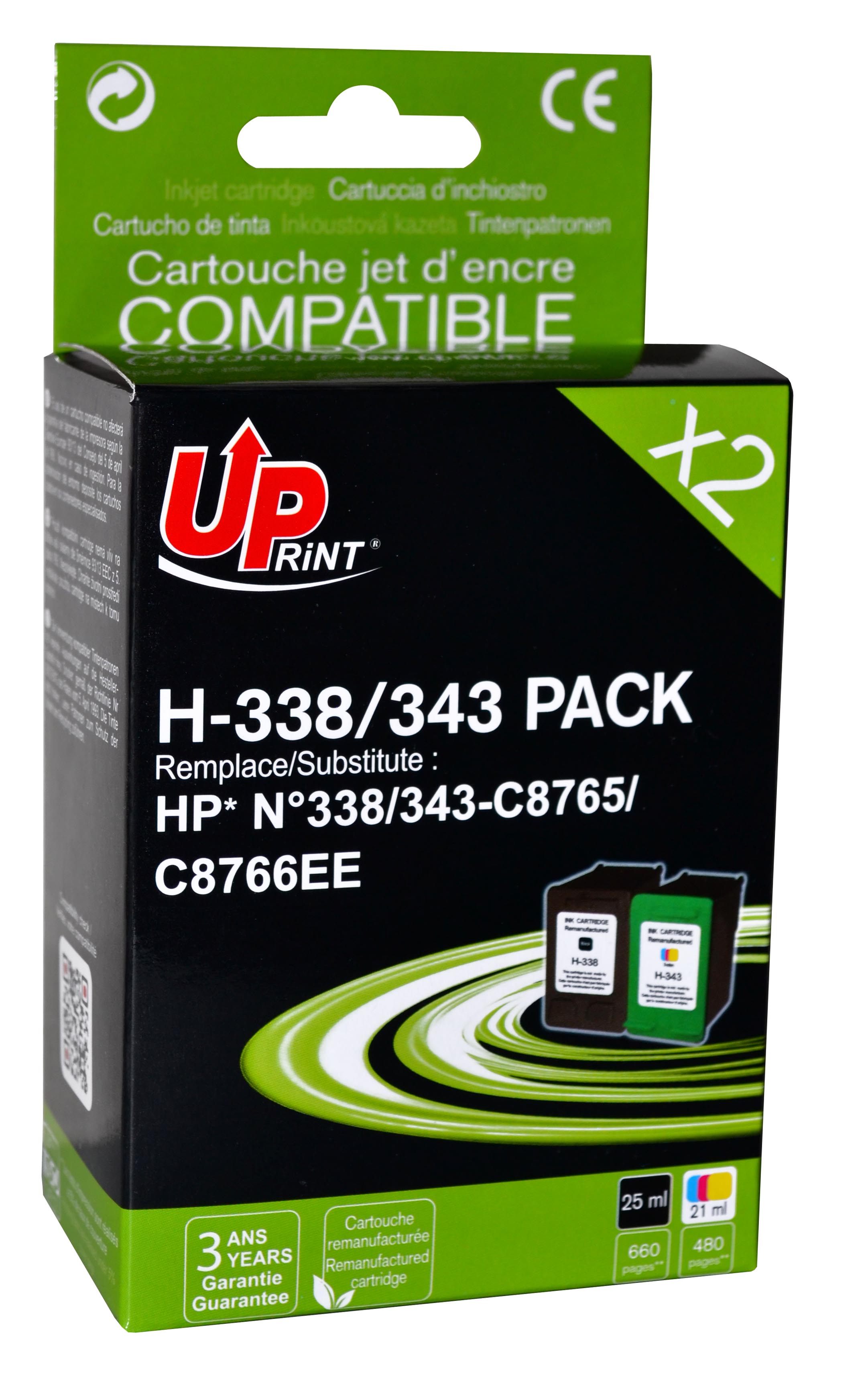 Uprint PACK 2 cartouches remanufacturéeS HP 338/343 remplace C8765EE/C8766EE N/CL