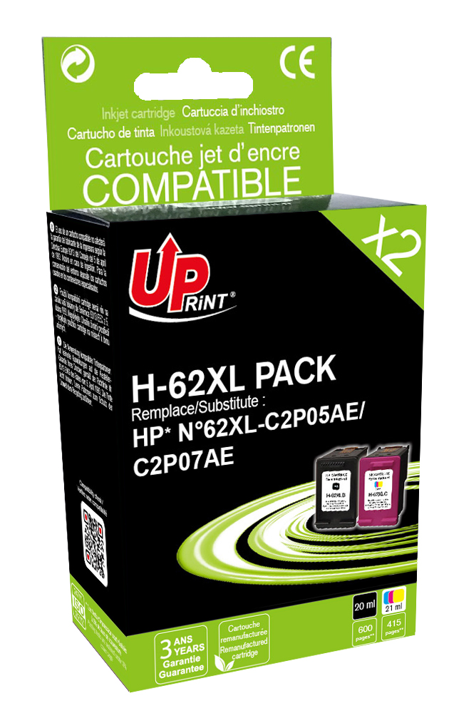 Uprint PACK 2 cartouches remanufacturéeS HP 62XL sans niveau encre remplace N9J71AE N/CL