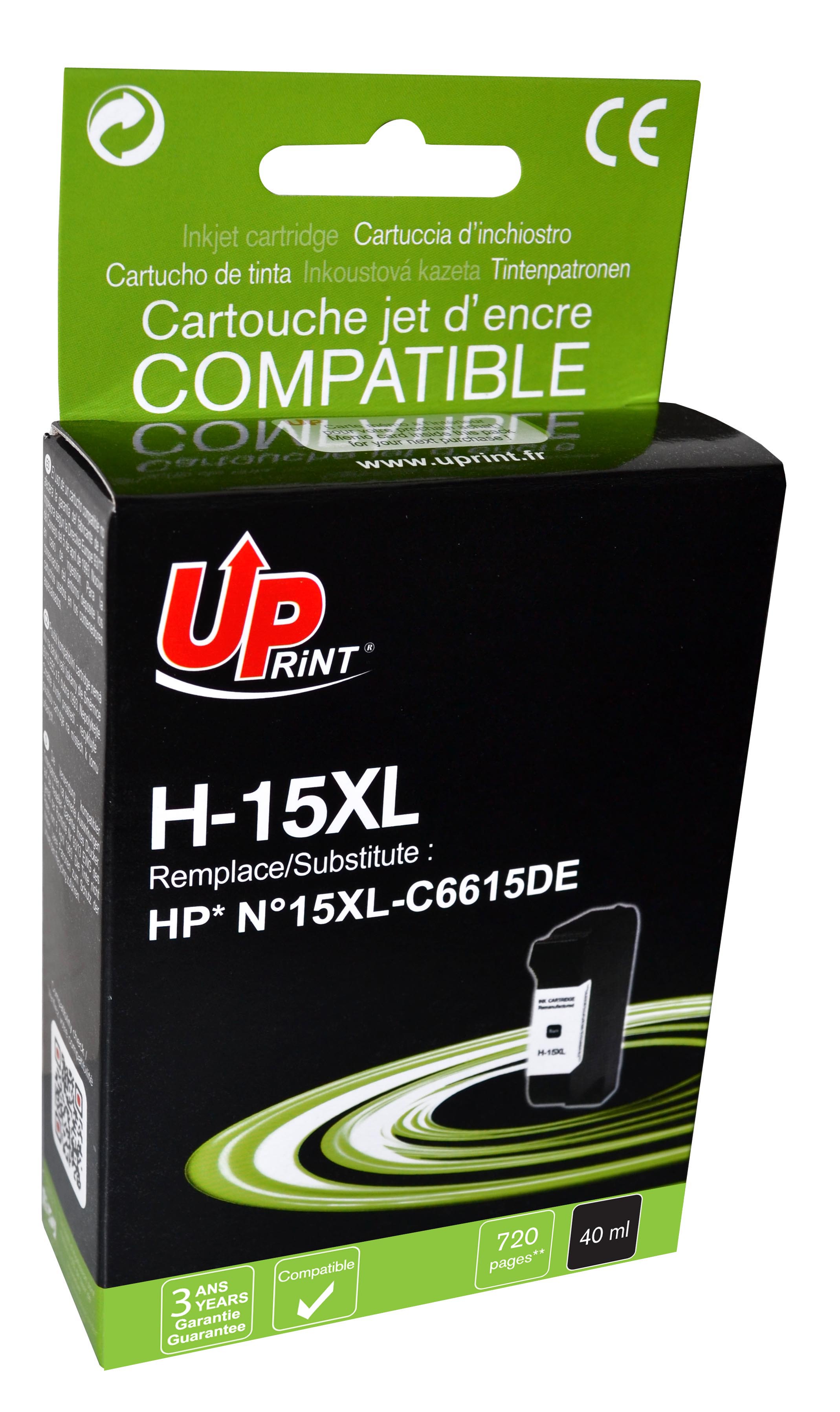 Uprint cartouche compatible HP 15 sans niveau encre remplace C6615DE Noir