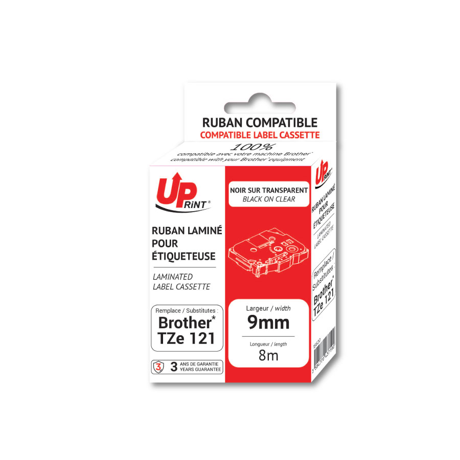 Uprint BR121 Noir SUR TRANSPARENT cassette DE ruban pour étiqueteuse compatible avec BROTHER TZE 121