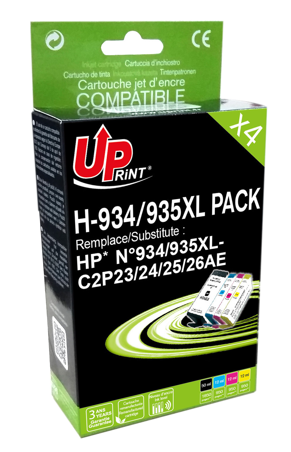 Uprint PACK 4 cartouches remanufacturéeS HP 934/935XL remplace C2P23/24/25/26AE N/C/M/J