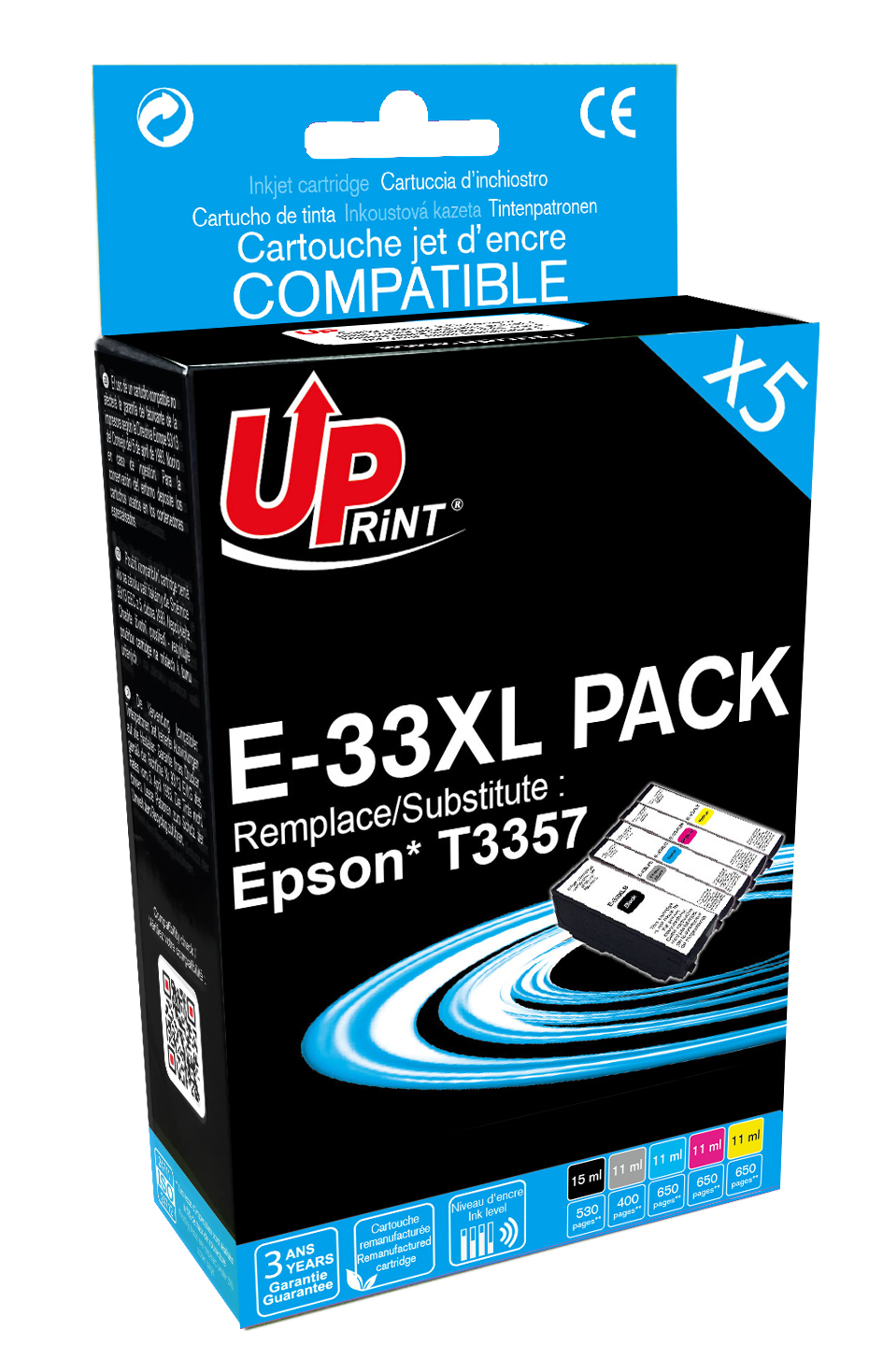 Uprint PACK 5 cartouches remanufacturéeS EPSON 33XL remplace C13T33574011 N/PBK/C/M/J