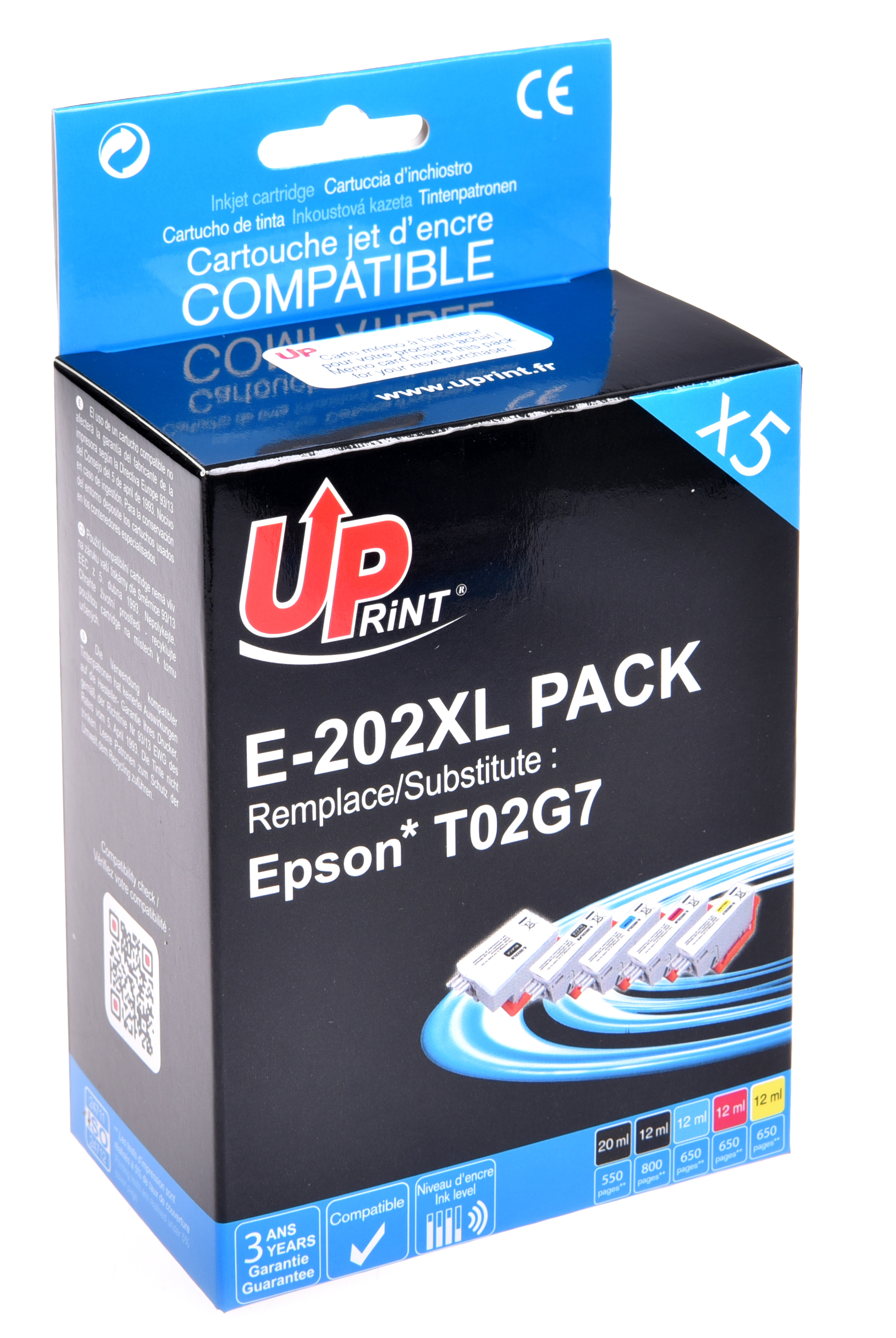 Uprint PACK 5 cartouches compatible EPSON 202XL remplace C13T02G74010 N/PBK/C/M/J